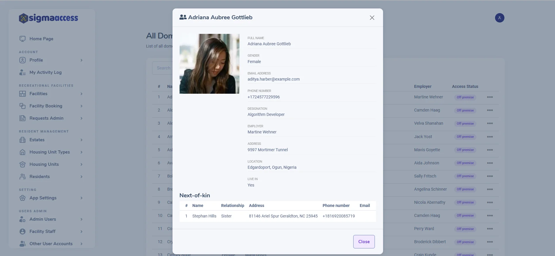 Domestic staff profile with designation and contact details