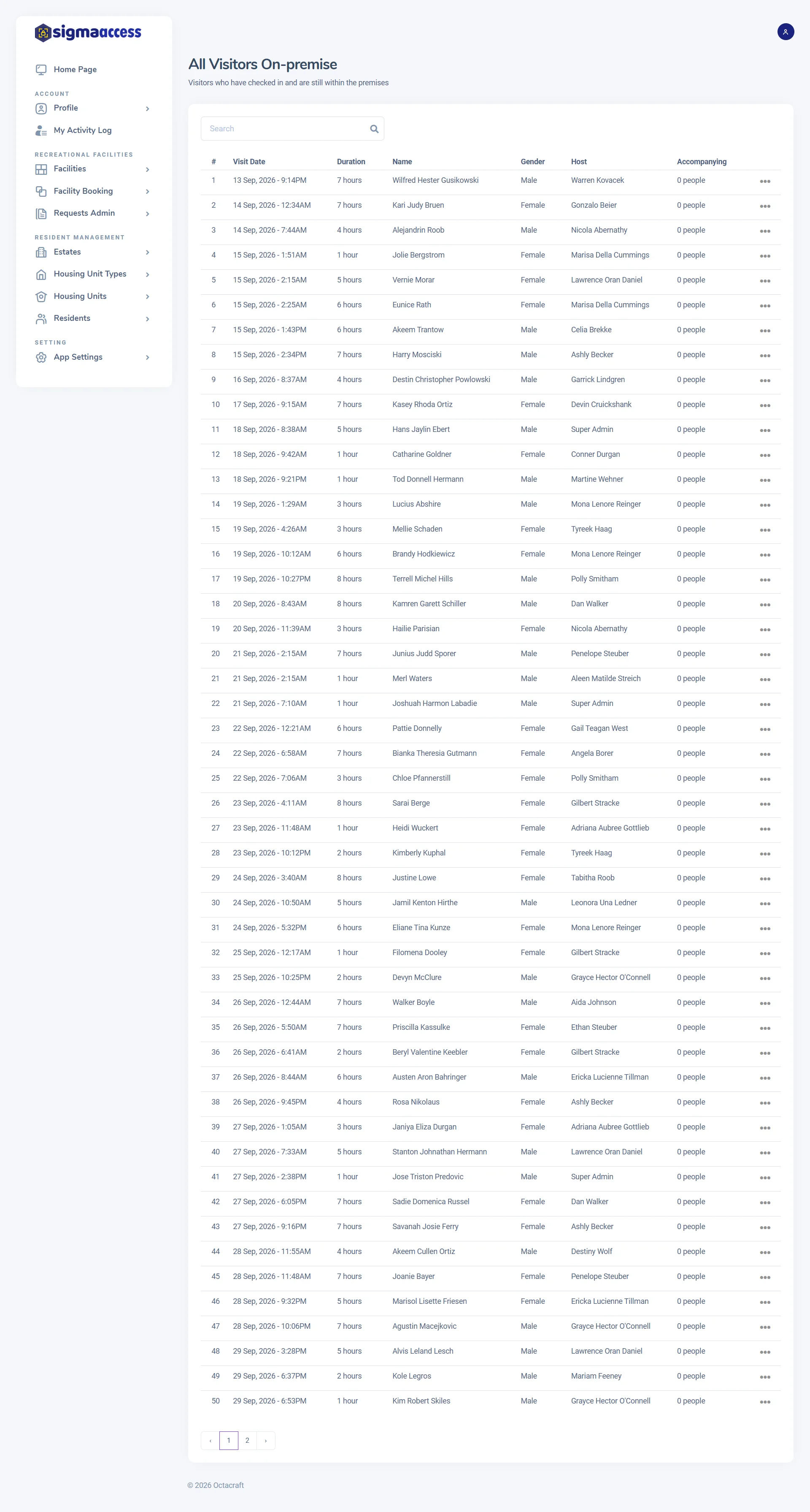 On-premise list of recorded arrivals