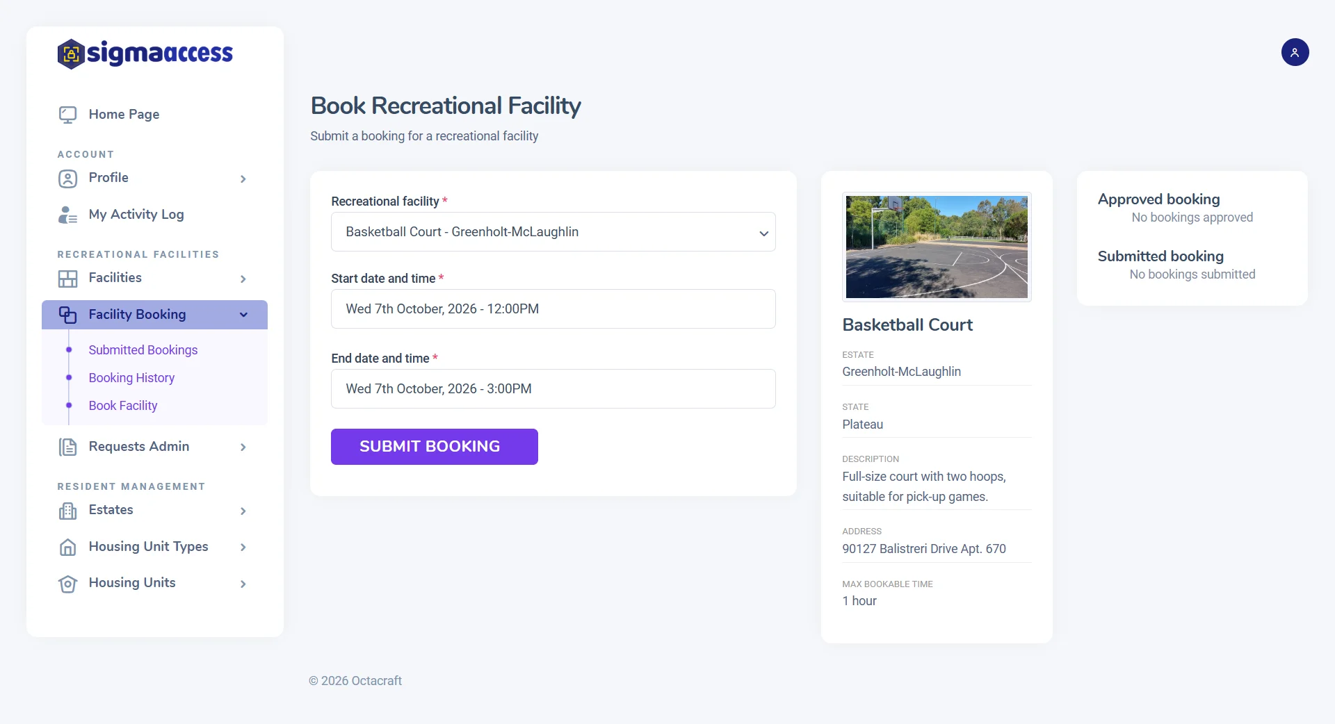 Resident facility booking interface