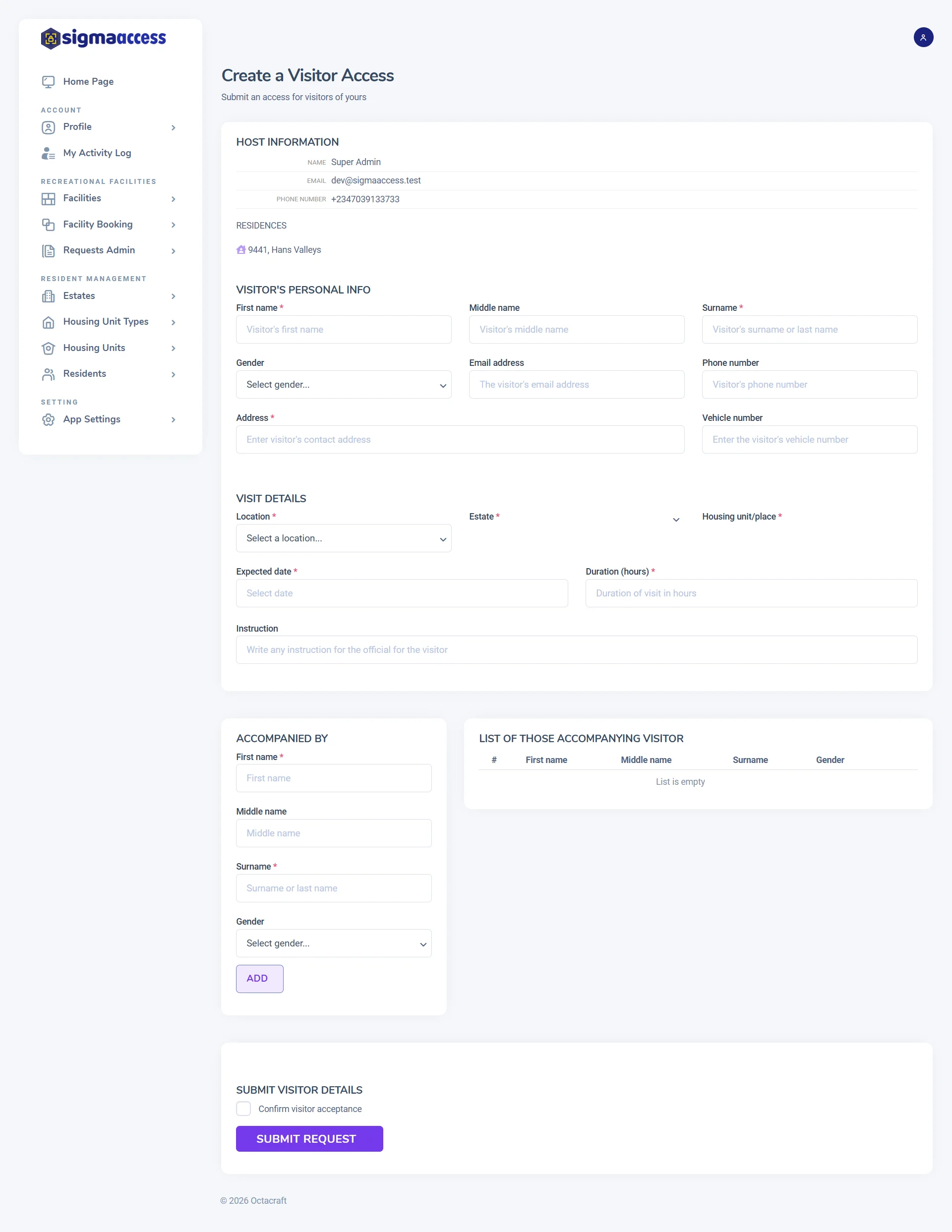 Resident form showing visit details, destination and companions